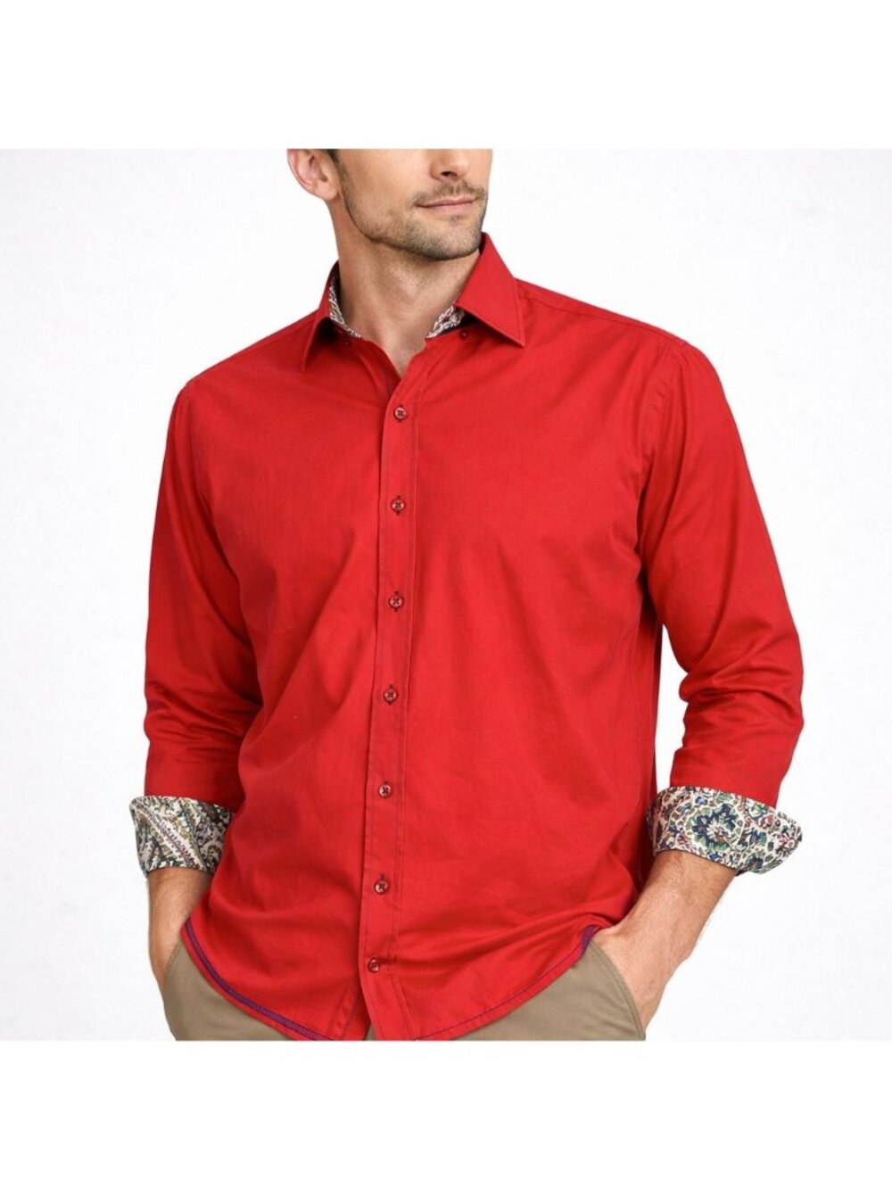 Georg Roth LA Shirt Red Paisley Cuffs Contrast Trim Long Sleeve Casual Size L
